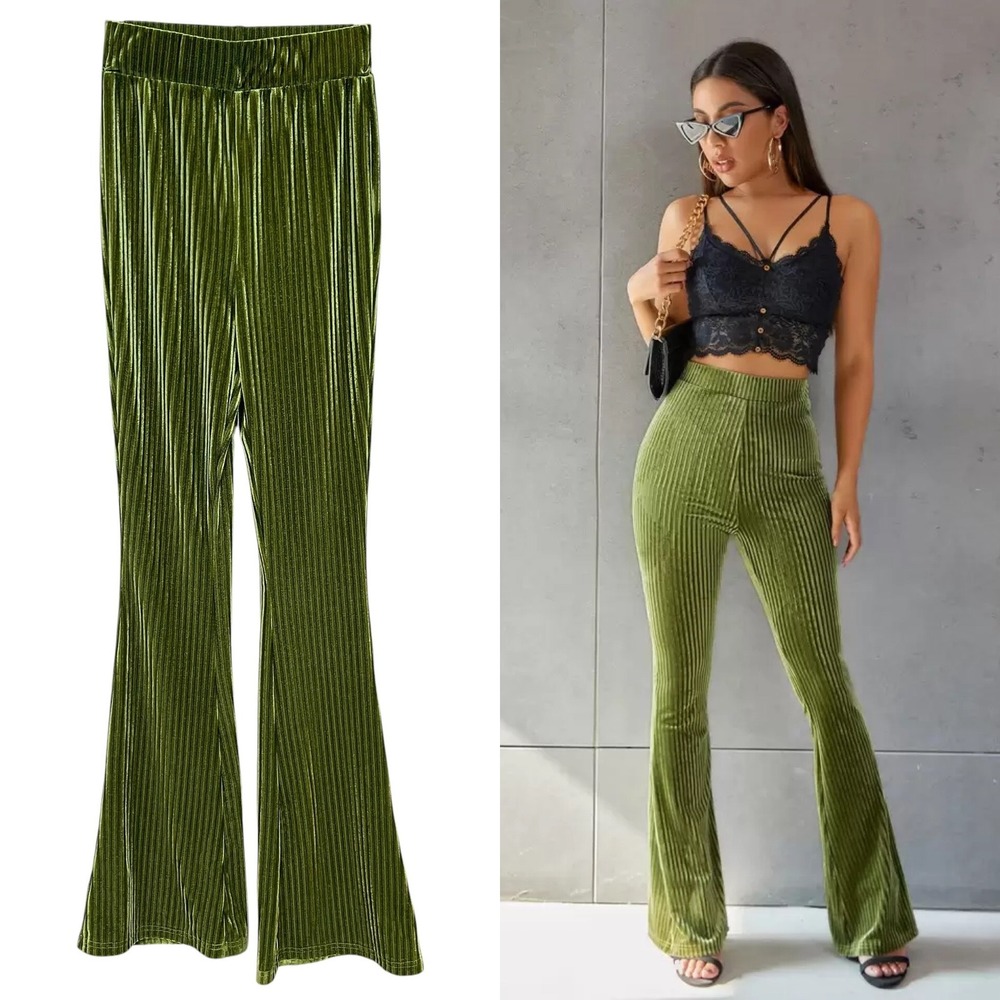 Flared Pants Ribbed Velour Stretch Velvet Olive Green SHEIN Size XS 2 Hippie